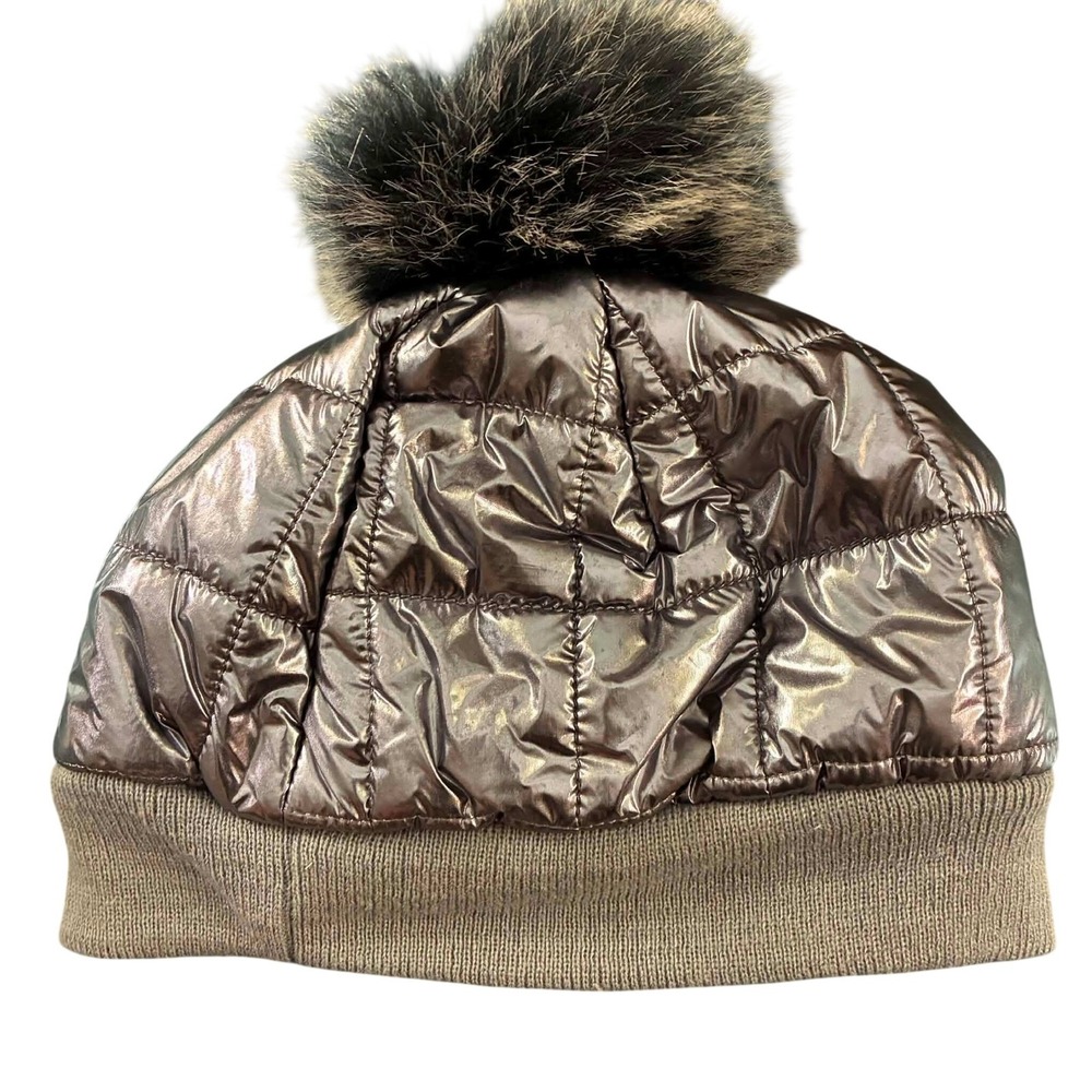 Body Glove Beanie Womens OS Bronze Metallic Quilted Faux Fur Pom Pom Y2K Winter